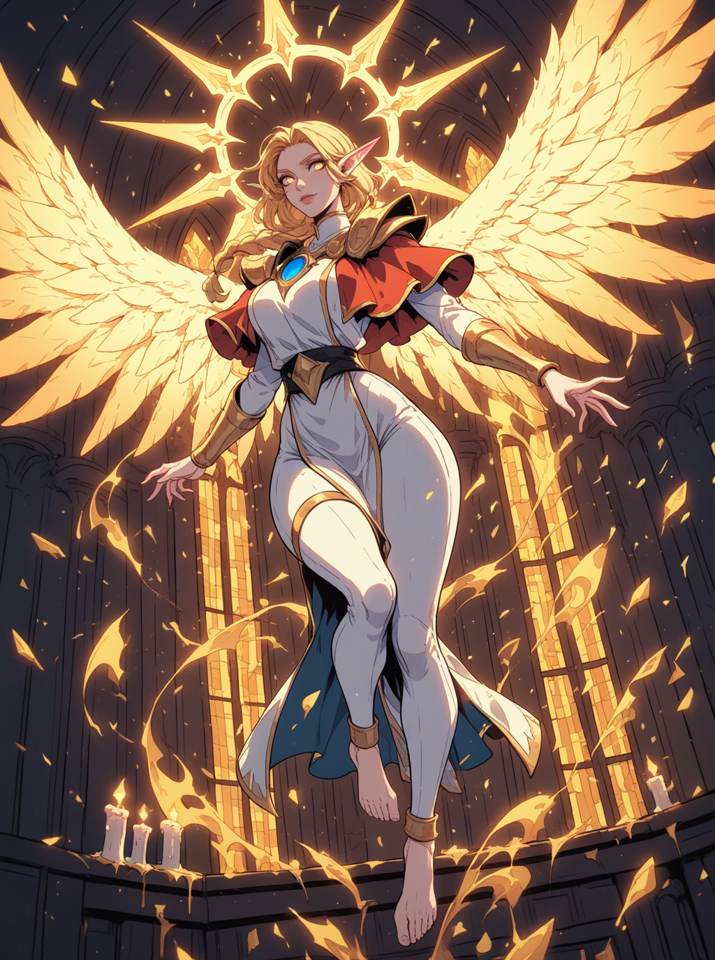 sref343157371, full body of elf woman wearing white tabard and red capelet, nose, lips, pauldrons, blonde, single braid, wide hips, legwear, barefoot, anklet, glowing angel wings, glowing halo, yellow eyes, particles, night, dark atmosphere, temple indoors, candles, stained glass windows, solo, glass shards, dynamic pose <lora:sxz-sref343157371:0.8>