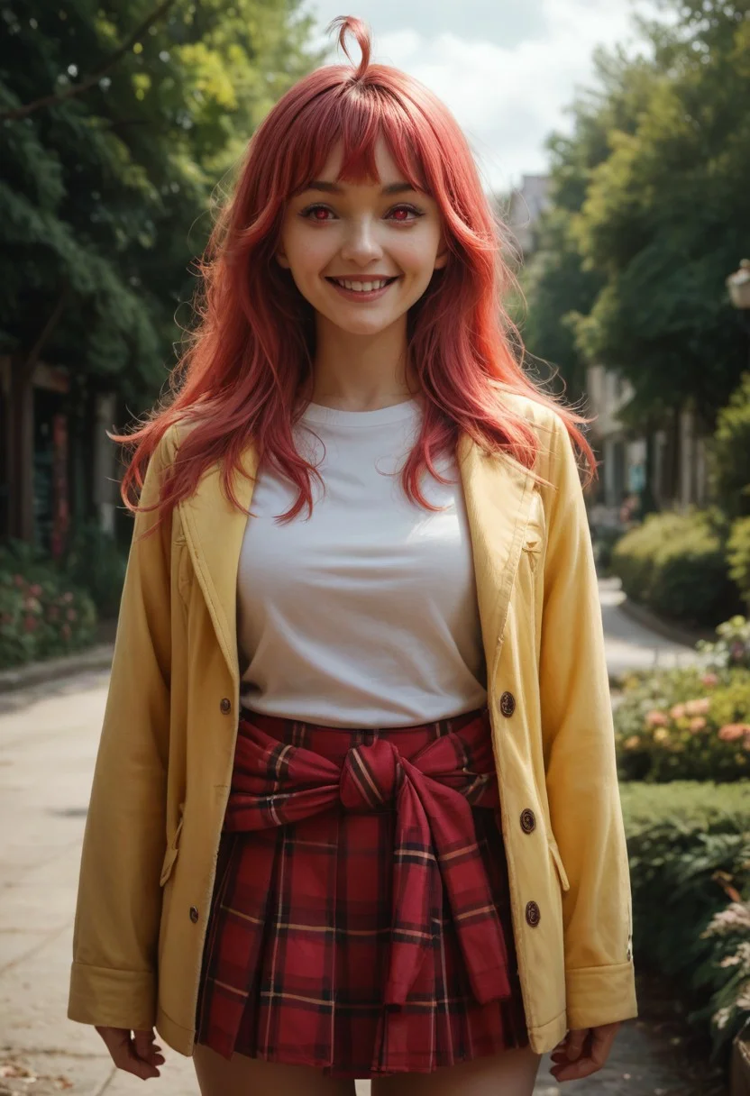score_9, score_8_up, score_7_up, best quality, masterpiece, 4k, uncensored, realistic, very aestheticr, volumetric lightning, komiya kaho, pink red hair, long hair, ahoge, red eyes, smile, yellow jacket around waist, skirt, shirt, plaid skirt, long sleeve shirt, outdoors