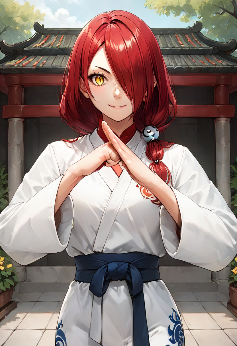 (fist-palm salute:1.5), score_9, score_8_up, score_7_up, source_anime, ultra detailed, 
Generate a picture of a girl making fist-palm salute in a big garden in front of a big traditional Chinese building,  (fist and palm folded in front), (hands together), front view,  she is wearing a yin_yang_print robe, white pants, barefoot, looking at viewer seriously with light smile,
1girl has (red long hair) with hair ornament, hair over one eye, yellowish skin, medium breasts, slender and glamor body with narrow waist, fitness and wildness , round face with yellow eyes and slit pupils, smile, 
 kobayashi rindou \(food wars\), 
 <lora:Rindou_Kobayashi_Food_Wars_Pony_XL:0.65>,<lora:fist-palm_salute_Pony-000008:0.8>