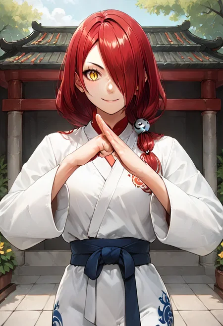 (fist-palm salute:1.5), score_9, score_8_up, score_7_up, source_anime, ultra detailed,
Generate a picture of a girl making fist-palm salute in a big garden in front of a big traditional Chinese building, (fist and palm folded in front), (hands together), front view, she is wearing a yin_yang_print robe, white pants, barefoot, looking at viewer seriously with light smile,
1girl has (red long hair) with hair ornament, hair over one eye, yellowish skin, medium breasts, slender and glamor body with narrow waist, fitness and wildness , round face with yellow eyes and slit pupils, smile,
kobayashi rindou \(food wars\),
<lora:Rindou_Kobayashi_Food_Wars_Pony_XL:0.65>,<lora:fist-palm_salute_Pony-000008:0.8>