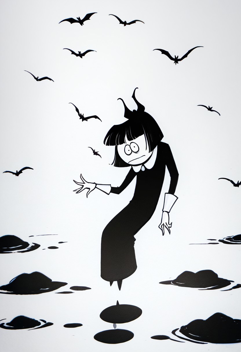 score_9, score_8_up, score_7_up BREAK CrepSuOri, 1girl, black hair, black bob cut, blunt bangs, black eyes, pale skin, white-collared long black dress, long white cuffs, full body,