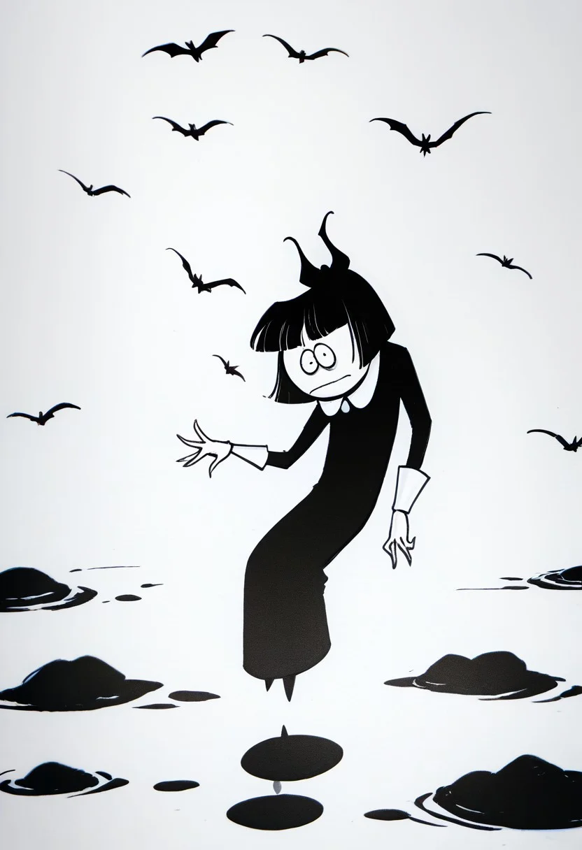 score_9, score_8_up, score_7_up BREAK CrepSuOri, 1girl, black hair, black bob cut, blunt bangs, black eyes, pale skin, white-collared long black dress, long white cuffs, full body,