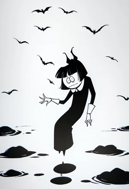 score_9, score_8_up, score_7_up BREAK CrepSuOri, 1girl, black hair, black bob cut, blunt bangs, black eyes, pale skin, white-collared long black dress, long white cuffs, full body,