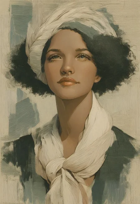 <Fragmented Painting Style>, an African woman in afro hairdo, dark complexion, African somatic traits, beautiful lips, wearing a black satin dressing gown. She's looking away. Brushstroke Portrait, Textured Art Portrait, Artistic Brushwork, Tonal Portrait Art.