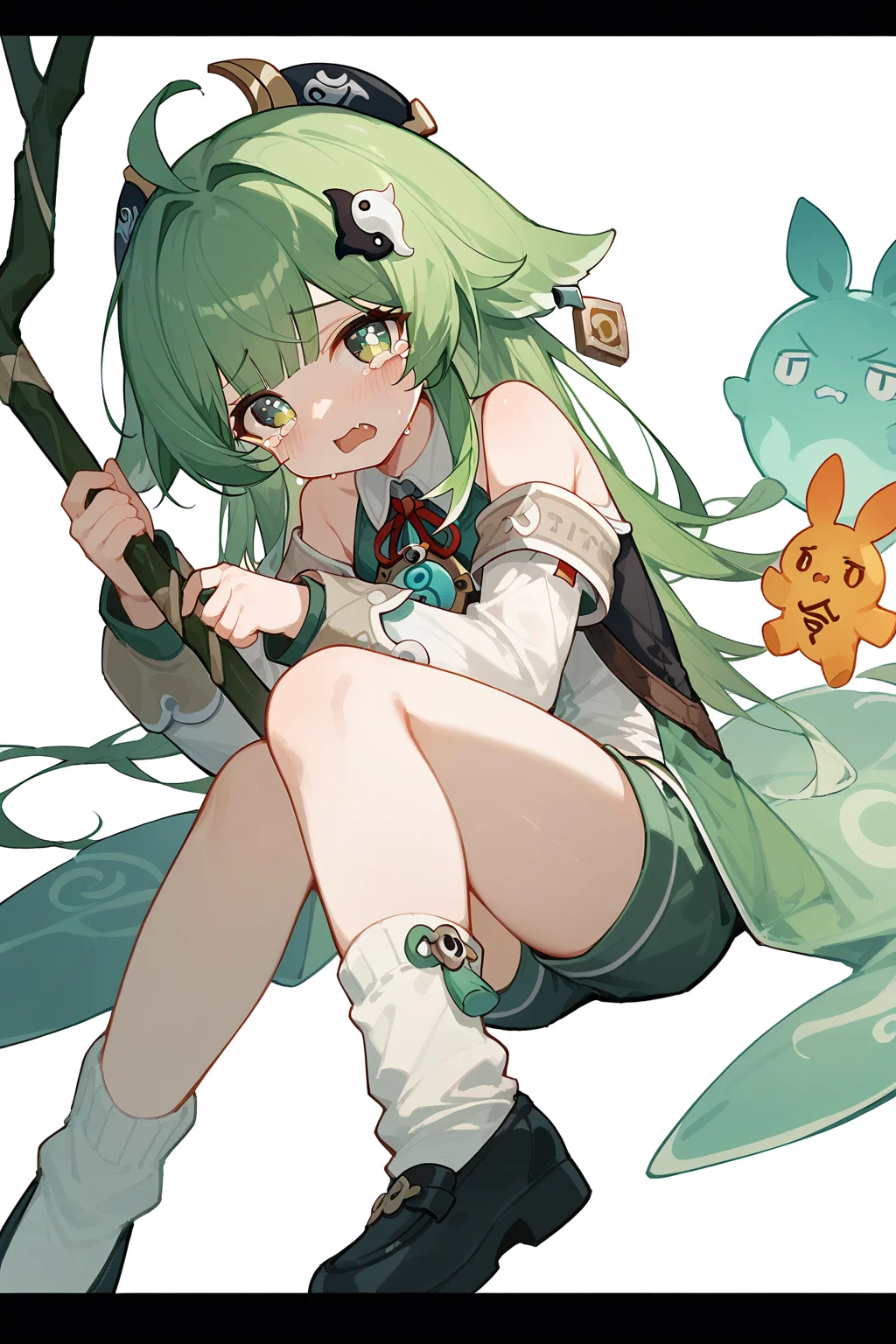 (score_9,score_8_up,score_7_up),<lora:HuoHuo(Honkai Star Rail)-v1-000008:0.6>,HuoHuo(Honkai: Star Rail),1girl,solo,green eyes,green hair,looking at viewer,open mouth,hair ornament,tears,fang,skin fang,bangs,black footwear,socks,letterboxed,shirt,shorts,bound,white socks,staff,ribbon,blush,lying,detached sleeves,crying,bound wrists,white background,long sleeves,neck ribbon,thighs,red ribbon,
good feet,anime,NSFW,expressive,amazing quality,ultra hd 32k,