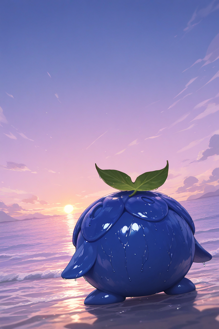 realistic shading, natural lighting, blueberry-creature focus, facing away, daberry, green_daberry_leaf on head, blue_daberry_hair, 1blueberry creature, pokemon (creature), shiny skin, wet, full body, standing, outdoors afternoon, sunset, ocean horizon, purple gradient sky, sun, fantasy, from behind, dynamic angle, intricately detailed illustration, depth of field, masterpiece, best quality, amazing quality, very aesthetic, absurdres, newest, anime screencap