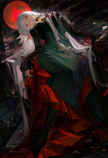 masterpiece, best quality, amazing quality, very aesthetic, absurdres, newest, volumetric lighting, female, female focus, smirk, fuchsia light, red moon, vampire
BREAK semmelweis \(reverse:1999\), semmelweis-mirror, white hair, very long hair, hair ornament, red eyes, neck ribbon, bow, ascot, green dress,high-low dress, lace sleeves,see-through sleeves, long sleeves, red trim, long dress,pantyhose,black footwear, high heels,