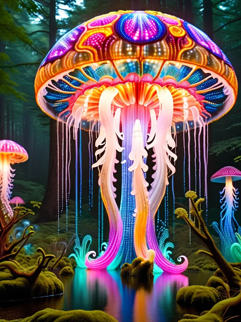 colorfull jellyfish,mushroom, nature, forest, outdoors, tree, walking, water, river<lora:ral-ledlights-sdxl:1> made of ral-ledlights