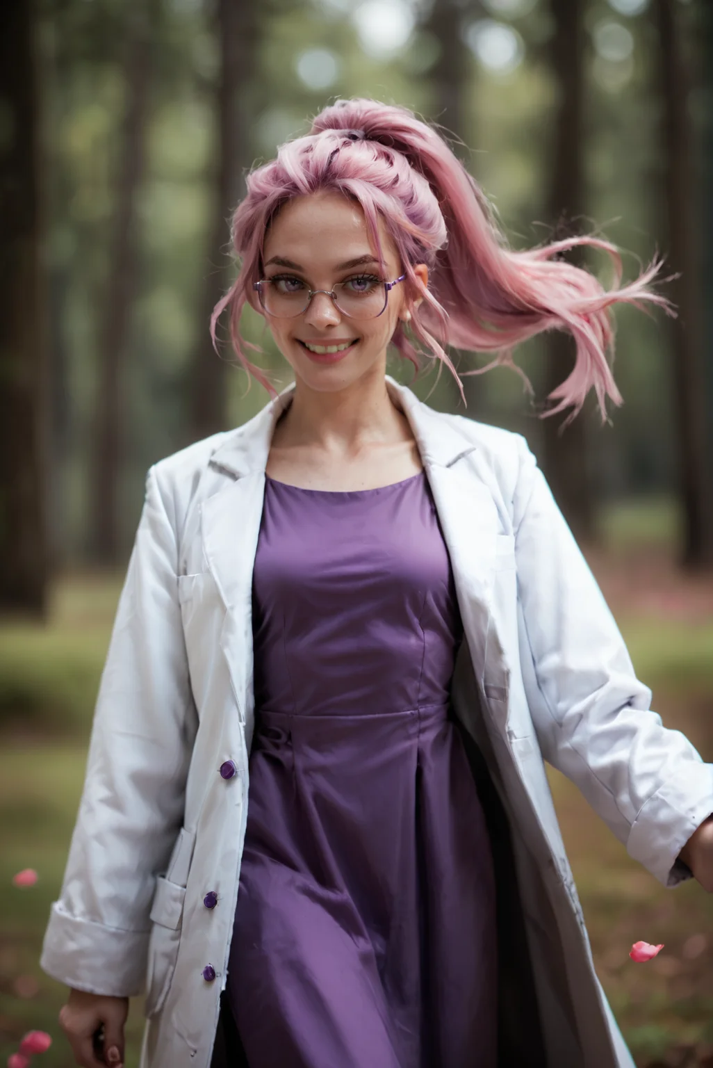 <lora:intp_v1:0.8>
intp_v1 , solo
ponytail, pink hair, long hair, purple hair, 
pale skin, 
purple eyes, 
breasts, small breasts, 
glasses,  semi-rimless eyewear,
labcoat, white coat, coat, open coat,long sleeves,
purple dress,
jewelry,, score_9, score_8_up, score_7_up, solo, 
multicolored rose petals in the dirt:1.2) in a forest:1.1),, reaching out, active pose, arm out, from behind, smiling
blur censor, blurry, blurry background, blurry foreground, bokeh, motion blur,
chromatic aberration, depth of field, figure, focused,  focus