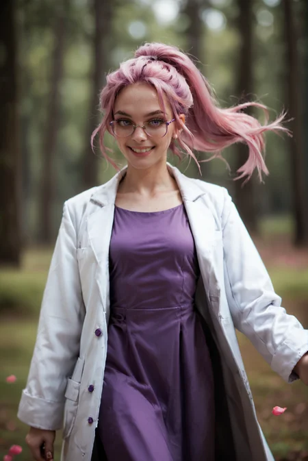 <lora:intp_v1:0.8>
intp_v1 , solo
ponytail, pink hair, long hair, purple hair,
pale skin,
purple eyes,
breasts, small breasts,
glasses, semi-rimless eyewear,
labcoat, white coat, coat, open coat,long sleeves,
purple dress,
jewelry,, score_9, score_8_up, score_7_up, solo,
multicolored rose petals in the dirt:1.2) in a forest:1.1),, reaching out, active pose, arm out, from behind, smiling
blur censor, blurry, blurry background, blurry foreground, bokeh, motion blur,
chromatic aberration, depth of field, figure, focused, focus