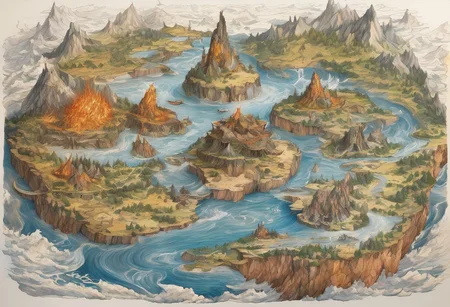 (masterpiece:1.2), (best quality,:1.2), 8k, HDR, ultra detailed, (drawing), vibrant color
Ultimate display of elemental mastery. Encompass all four elements in a harmonious and creative way. Showcase (the essence of air), (the beauty and power of water), (the intensity of fire) and (the strength and solidity of earth).
Air might be expressed with floating islands, gentle breezes, flying creatures, or ethereal, sky-bound realms.
Water might be expressed with Imagine serene lakes, raging seas, water elemental creatures, or underwater realms.
Fire might be expressed with volcanic landscapes, fiery creatures, or hot waifus.
Earth might be expressed with majestic mountains, lush forests, cavernous underground realms, or earthy creatures.