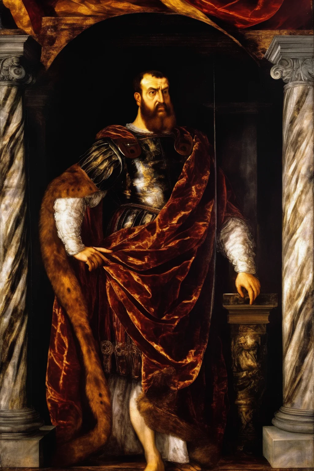 <lora:Tintoretto Style:1>Tintoretto Style - rome emperor titian painting a portrait of the roman dictator d octo avue