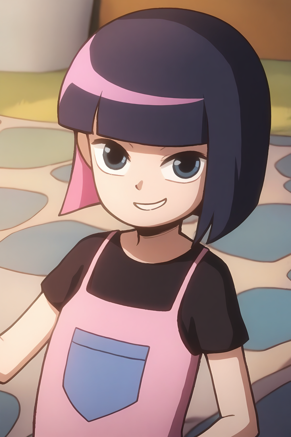 <lora:kele:1>,kele,1girl,solo,black eyes,blue eyes,short hair,two-tone hair,black hair,pink hair,colored inner hair,bob cut,blunt bangs,shirt,t-shirt,black shirt,pink shirt,short sleeves,smile,looking at viewer,, masterpiece,best quality,amazing quality,absurdres, anime screenshot, lazypos ,
