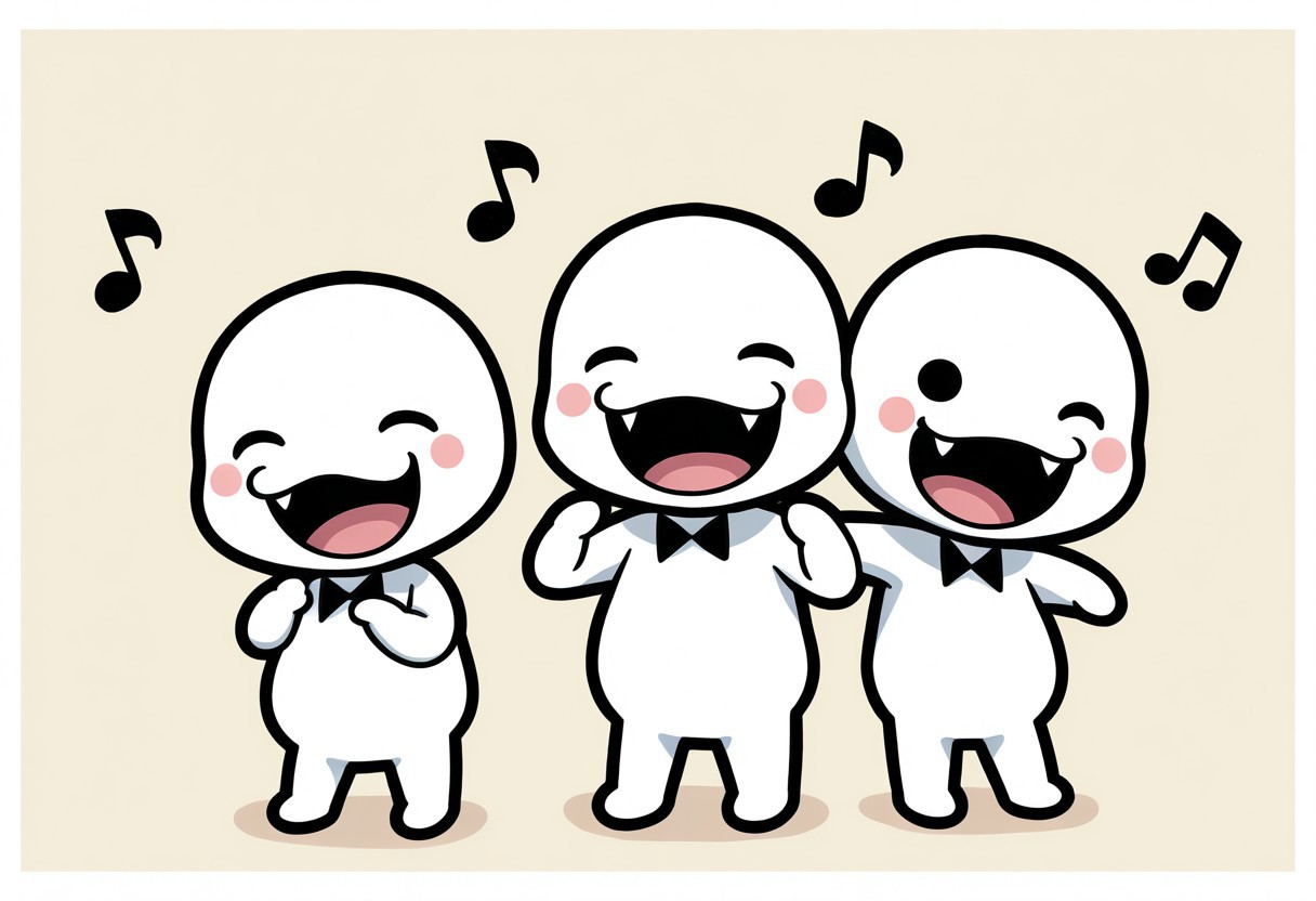 ch0rus_RH, 3boys, clone, multiple boys, lineup, no nose, white skin, solid circle eyes, black eyes, :3, smile, open mouth, fangs, tongue, masterpiece, absurdres, amazing quality, ultra-detailed, best quality, miniperson, short, no humans, chibi, black bowtie, hands up, full body, blush stickers, slightly chubby, music note, group hug, one eye closed, closed eyes, laughing, happy, cute, 
BREAK 
simple background, abstract background, shadow, detailed shading,