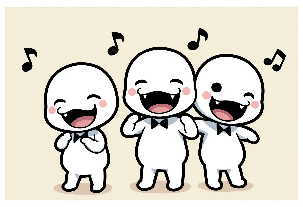 ch0rus_RH, 3boys, clone, multiple boys, lineup, no nose, white skin, solid circle eyes, black eyes, :3, smile, open mouth, fangs, tongue, masterpiece, absurdres, amazing quality, ultra-detailed, best quality, miniperson, short, no humans, chibi, black bowtie, hands up, full body, blush stickers, slightly chubby, music note, group hug, one eye closed, closed eyes, laughing, happy, cute,
BREAK
simple background, abstract background, shadow, detailed shading,