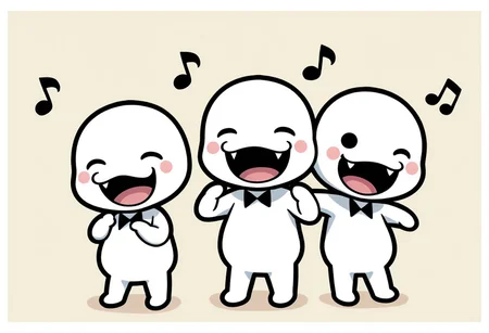 ch0rus_RH, 3boys, clone, multiple boys, lineup, no nose, white skin, solid circle eyes, black eyes, :3, smile, open mouth, fangs, tongue, masterpiece, absurdres, amazing quality, ultra-detailed, best quality, miniperson, short, no humans, chibi, black bowtie, hands up, full body, blush stickers, slightly chubby, music note, group hug, one eye closed, closed eyes, laughing, happy, cute, 
BREAK 
simple background, abstract background, shadow, detailed shading,