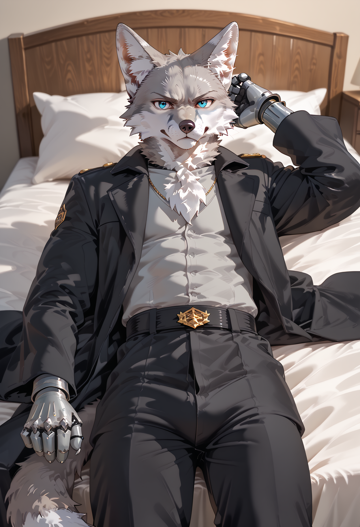 <lora:whygena_artstyle:1>  <lora:add-detail-xl:1> <lora:DetailedEyes_V3:1>  <lora:OC_lee_seo:1.0> lee_seo, fox, light grey fur, male, furry, on bed, looking at viewer, Stable_Yogis_PDXL_Positives, gray metal cybernetic arm, cybernetic arm, long wide black pants, grumpy look, wearing black coat,