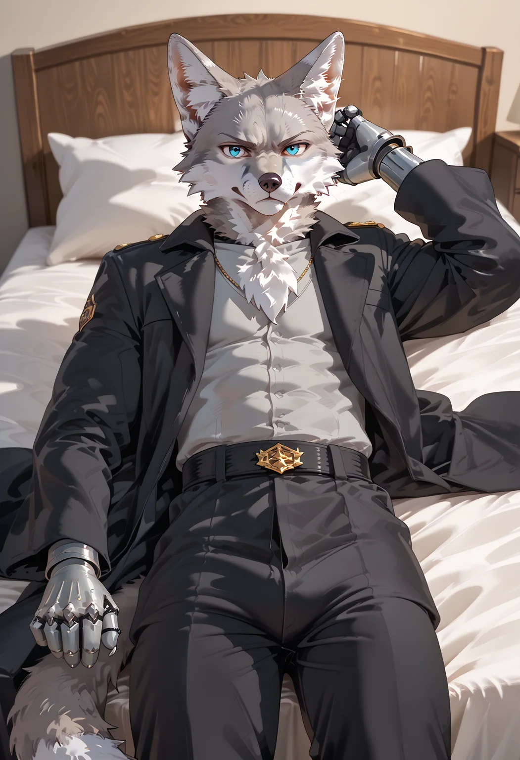 <lora:whygena_artstyle:1> <lora:add-detail-xl:1> <lora:DetailedEyes_V3:1> <lora:OC_lee_seo:1.0> lee_seo, fox, light grey fur, male, furry, on bed, looking at viewer, Stable_Yogis_PDXL_Positives, gray metal cybernetic arm, cybernetic arm, long wide black pants, grumpy look, wearing black coat,
