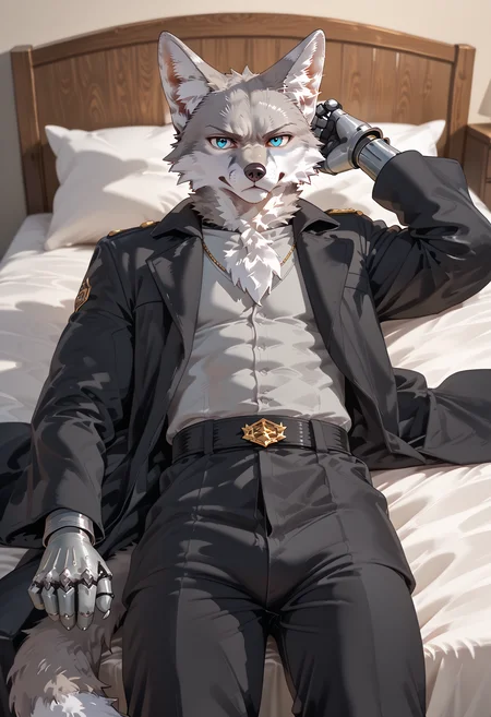 <lora:whygena_artstyle:1> <lora:add-detail-xl:1> <lora:DetailedEyes_V3:1> <lora:OC_lee_seo:1.0> lee_seo, fox, light grey fur, male, furry, on bed, looking at viewer, Stable_Yogis_PDXL_Positives, gray metal cybernetic arm, cybernetic arm, long wide black pants, grumpy look, wearing black coat,