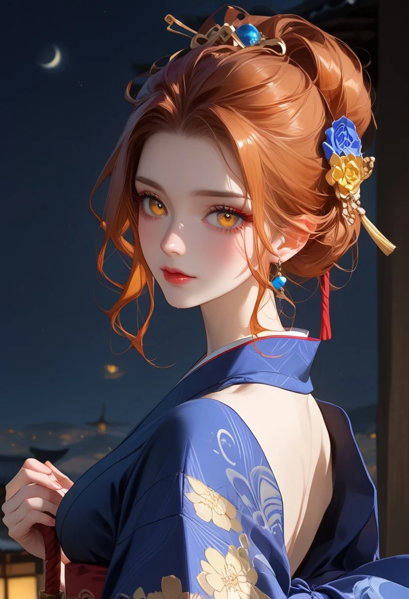 masterpiece, ultra-realistic, highly detailed, cinematic, ray tracing, score_9, score_8_up, score_7_up, best quality, Expressiveh, zPDXL3, eye catching, BREAK
a stunning Japanese geisha standing against a giant glowing full moon, her striking red hair tied up in an intricate traditional bun with detailed golden and blue ornaments, loose strands framing her delicate face, BREAK
her golden yellow eyes captivating and intense, framed with dramatic red eyeliner, her soft, pale skin glowing under the moonlight, her lips painted a glossy peach, BREAK
wearing a luxurious blue silk kimono adorned with golden and silver floral patterns, a vibrant red obi tied intricately with a blue cord, her figure elegant and poised, BREAK
set in a traditional Japanese courtyard at night, faint lanterns glowing softly in the background, dark silhouettes of pagodas adding depth and atmosphere, the entire scene bathed in soft moonlight, highlighting every detail of her attire and expression, BREAK
dynamic composition, soft ambient lighting, intricate details on hair ornaments and kimono patterns, warm shadows for enhanced realism.