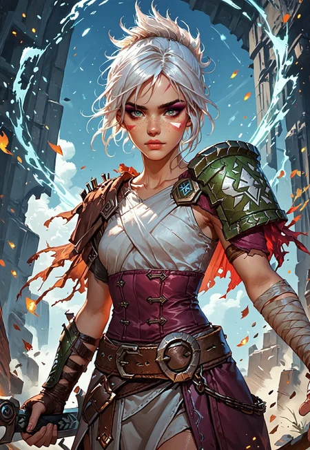 ((zPDXL3)), ((masterpiece,best quality, highly detailed)), ((score_9)), score_8_up, score_7_up, score_6_up, score_5_up, score_4_up, Digital painting style, brushstrokes, ((EnhanceImage)), solo, rvn, white hair, short hair, ponytail, rvn, short hair, ponytail, facial mark, eyeshadow, top, criss-cross halter, single pauldron, shoulder armor, single glove, bandaged arm, corset, belt, skirt, single greave, (huge weapon, sword, broken weapon, magic), Expressiveh, tanned-skin, 30yo, adult lustful confident woman, petite, slender body, perky saggy natural breasts, full lips, bangs, sidelocks, straps,
chinese magical sorceress, animated, swirling magic, wisps of magic, dancing pose, tight squeezed outfit, magical accessories, evoking motion, conveying motion, dynamic splash art,
<lora:PainterlyFantasiaPDXL:0.6>,