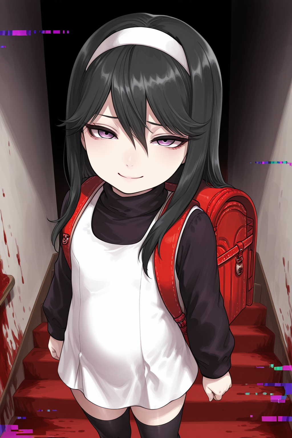 1girl, SakoErikaDevilSummoner, 
general, solo, perspective, half body,
long hair, straight hair, purple eyes,
hairband,
white dress, turtleneck, long sleeves,
black thighhighs, zettai ryouiki, randoseru,
looking at viewer, sad smile,
horror \(theme\), indoors, stairs, blood stain, (glitch:1.3), 
<lora:kp_SakoErikaDevilSummonerIllustrious_v1_0:1.0>,
masterpiece, best quality, amazing quality