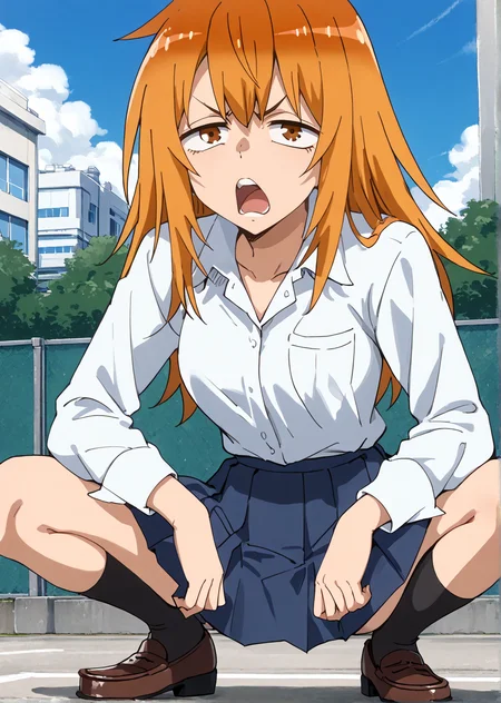 score_9,score_8_up,score_7_up,score_6_up,score_5_up,score_4_up,source_anime,best quality,masterpiece,
<lora:maki-gamou-s1s2-ponyxl-lora-nochekaiser>,maki gamou,
1girl,solo,long hair,orange hair,brown eyes,sanpaku,
school uniform,white shirt,collared shirt,long sleeves,pleated skirt,collared shirt,blue skirt,pocket,shirt tucked in,black_socks,calf_socks,loafers,
outdoors,front view,
<lora:slav_squatting_pony_v1:1>,slav_squatting,squatting,
looking at viewer,half-closed eyes,angry,frown,glaring,shouting,open mouth,pov,