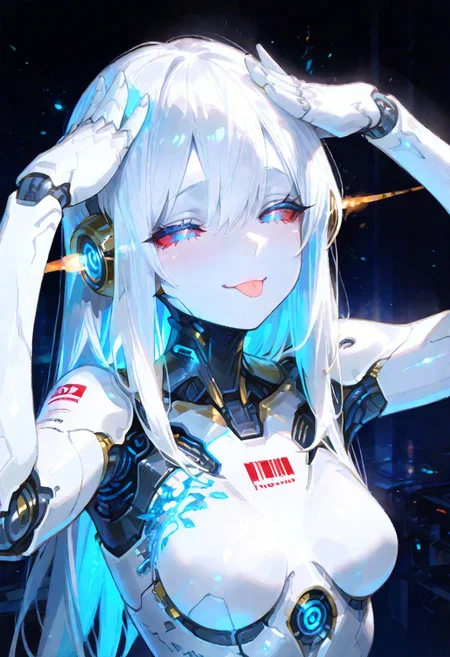 masterpiece, best quality, amazing quality, very aesthetic, absurdres, newest, volumetric lighting, holographic colors, cute, gradient colors, dark background, masterpiece, best quality, amazing quality, very aesthetic, absurdres, newest, volumetric lighting,1girl,
BREAK
nsfw,
ambient occlusion, raytracing, soft lighting, blum effect, masterpiece, absolutely eye-catching, particles, glow, shining, intricate cinematic background, (beautiful face),
BREAK
masterpiece, highly detailed,1girl,beautiful eyes, big eyes, detailed eyes, detailed pupils, perfect body,
Automaton, colored skin, robot girl, (white_skin:2.0), rusty skin, joints, white hair, blue eyes, glowing blue eyes, metal_skin, no nipples, metal_skin, mechanical eye, colored sclera, red sclera,
body writing,tattoo, barcode, long hair, long bang,
(Big eyes, solf lips, beauty, feminine face)
closed eyes, tongue out, :p, hands on own head, smile,