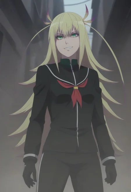 <lora:SlimesKanonIsui:1>, slimes_kanonisui, woman, solo, green eyes, alley background, evil smirk
