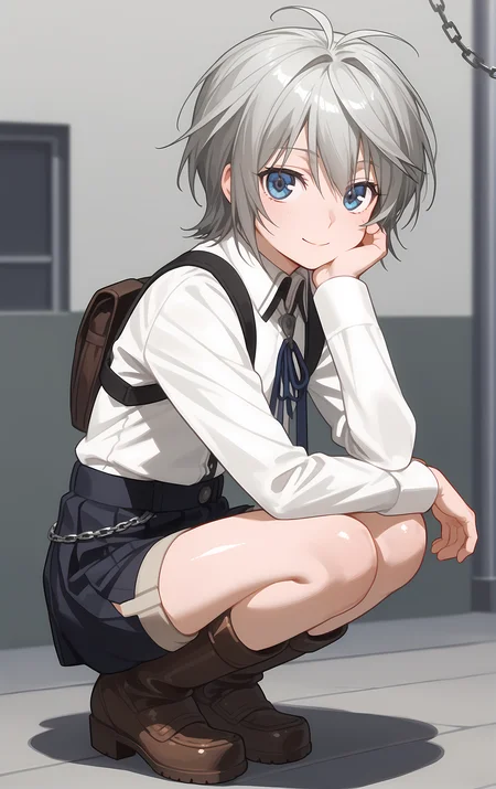 (score_9, score_8_up, score_7_up), looking at viewer, smile, closed mouth, shiny skin,
ohwx, solo, 1boy, male_focus, blue_eyes, grey_hair, white_hair, short_hair,
androgynous, aged_down, boots, chain, long_sleeves, necktie, ribbon, school_uniform, shirt, shorts, skirt, suspenders, white_shirt,
war, Squatting, elbows resting on knees,
 <lora:shiina_pony_ss:1>