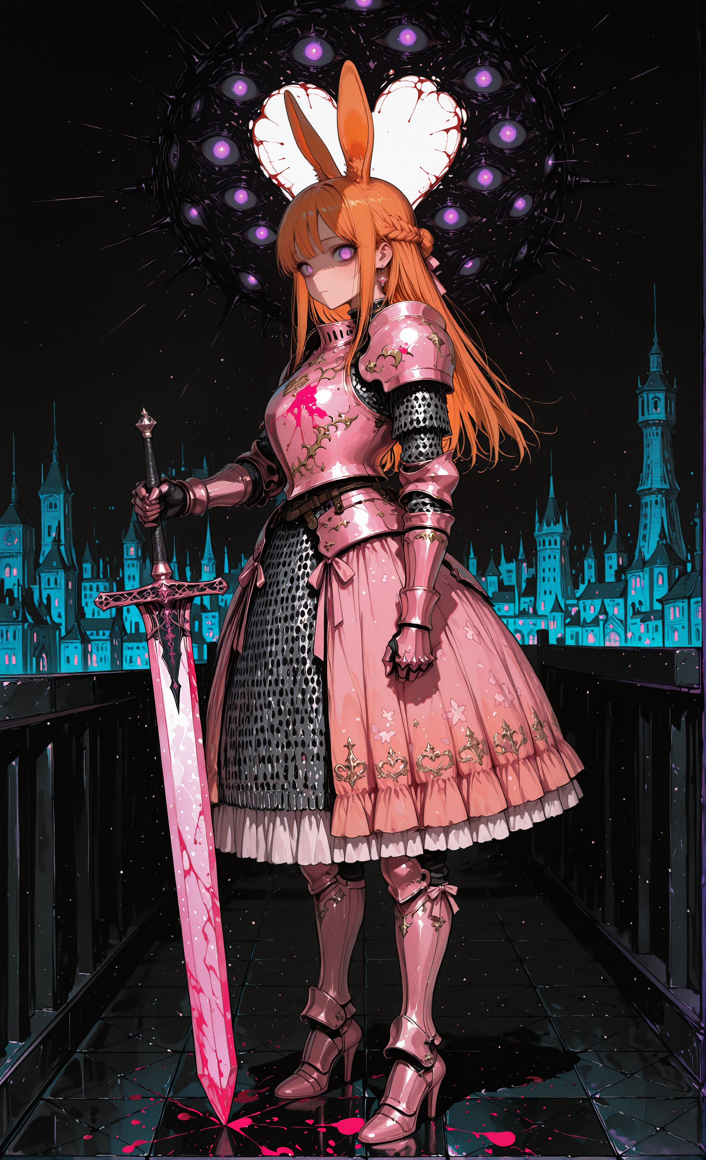 masterpiece, sharp detail, intricate detail, 1girl, french braid, long hair, purple eyes, orange hair, straight hair, orange rabbit ears, <lora:aosiai123_style:0.8> traditional media,  aosiai123_illu, pink ribbon, frilled armored dress, pink metal gauntlets, heavy gauntlets,  high heels, breastplate, knight, armor, chainmail,  armored pink boots, sword, holding sword, glowing purple greatsword, jagged lines, planted sword, glowing eyes, looking at viewer,  star \(symbol\), earrings, city, heart explosion, black marble floor, tower, black background, foggy, standing,  blood on floor,  chiaroscuro, volumetric lighting, dappled light, dramatic shadows, cinematic lighting, detailed background,  <lora:NOOB_vp1_detailer_by_volnovik_v1:0.7> <lora:illustriousXL_stabilizer_v1.23:0.8> <lora:3Y3S_style:0.6> 3y3s_illu, extra eyes