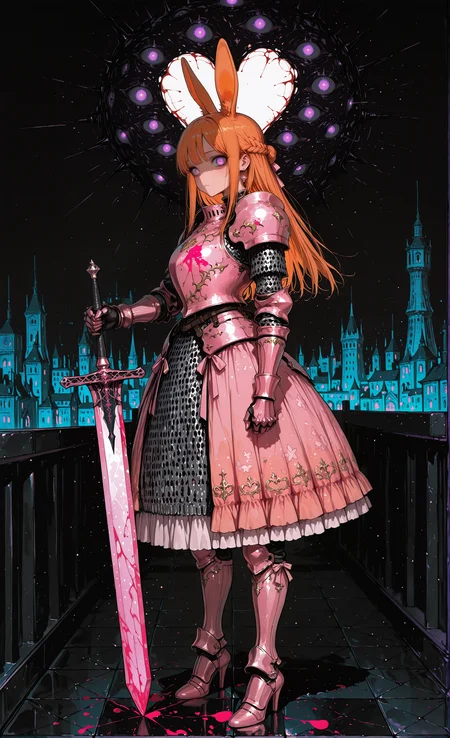 masterpiece, sharp detail, intricate detail, 1girl, french braid, long hair, purple eyes, orange hair, straight hair, orange rabbit ears, <lora:aosiai123_style:0.8> traditional media,  aosiai123_illu, pink ribbon, frilled armored dress, pink metal gauntlets, heavy gauntlets,  high heels, breastplate, knight, armor, chainmail,  armored pink boots, sword, holding sword, glowing purple greatsword, jagged lines, planted sword, glowing eyes, looking at viewer,  star \(symbol\), earrings, city, heart explosion, black marble floor, tower, black background, foggy, standing,  blood on floor,  chiaroscuro, volumetric lighting, dappled light, dramatic shadows, cinematic lighting, detailed background,  <lora:NOOB_vp1_detailer_by_volnovik_v1:0.7> <lora:illustriousXL_stabilizer_v1.23:0.8> <lora:3Y3S_style:0.6> 3y3s_illu, extra eyes
