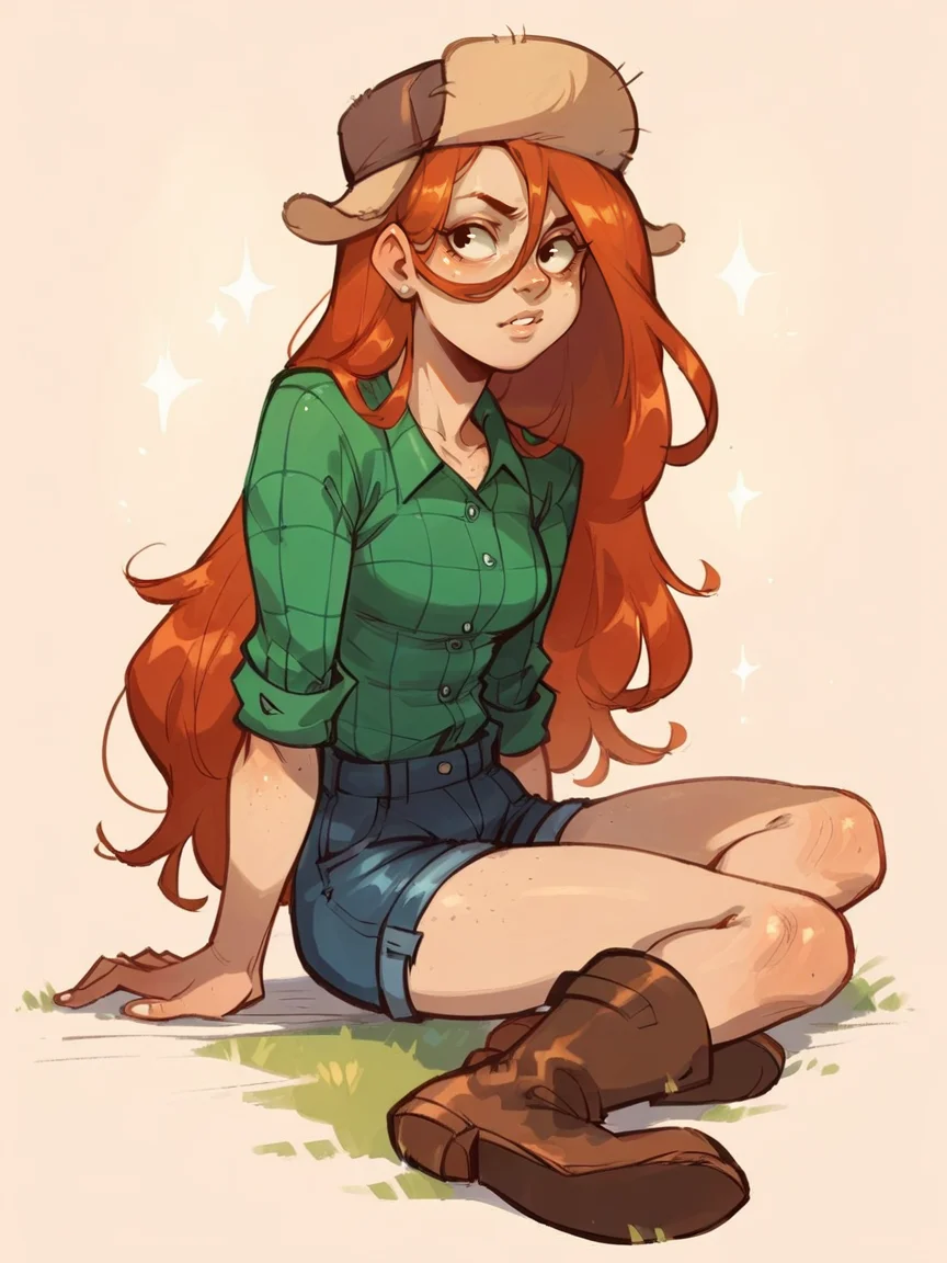 score_9, score_8_up, score_7_up, score_6_up, score_5_up, <lora:WendyCXLP:0.8> wendyc, 1girl, solo, long hair, orange hair, hat, shirt, freckles, boots, curvy, denim shorts,