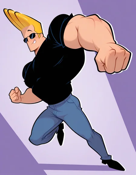 masterpiece, best quality, amazing quality, <lora:Johnny_Bravo_IL-10:1>, JohnnyBravo-ARAI-IL, 1boy, male focus, solo, sunglasses, muscular, blonde hair, pants, black shirt, black shoes, smile, dynamic pose, dynamic angle, <lora:cfg_scale_boost:0.4>