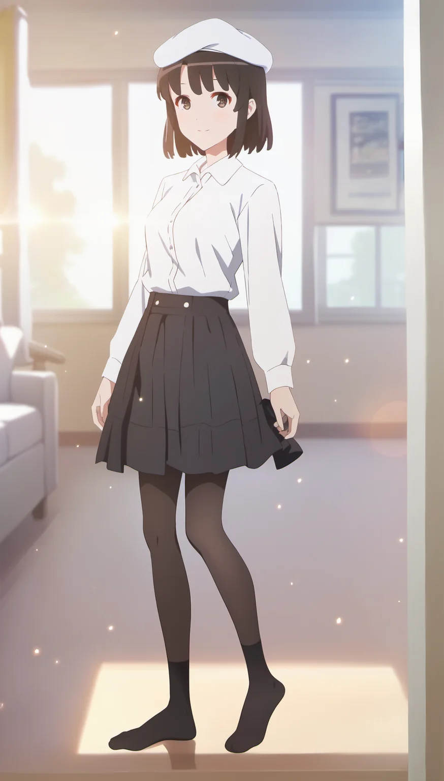 score_9,score_8_up,score_7_up,
<lora:megumikato>,
katomegumi,
1girl,solo,black hair,bangs,short hair,brown eyes,looking at viewer,smile,white beret,white long sleeve shirt,black layered skirt,black pantyhose,black socks,no shoes,
full body,standing,
blurry background,bloom,bloom,light particles,lens flare,indoors,living room,window,