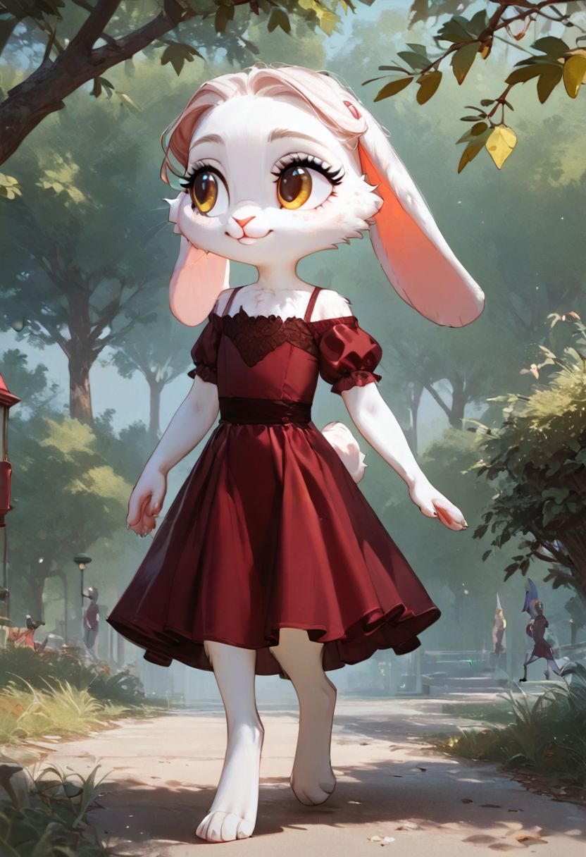 score_9, score_8_up, score_7_up, score_6_up, (source_furry:1.3), face closeup bust portrait, cinematic lighting tree leaves shadows, (furry anthro female rabbit), (white fur), (mini skinny short stack:1.2), (chibi:1.1), (cute face), digitigrade, gentle face, (skinny slim:0.6), long hair, long eyelashes, claws, (flat chest:1.2), (smile:1.1), (head turned, sideways glance, looking away:1.3), (wearing burgundy dress:1.5), (walking:1.3), (in a lush park, in grass, behind a tree:1.3), detailed background sidewalk street pedestrian:1.3)