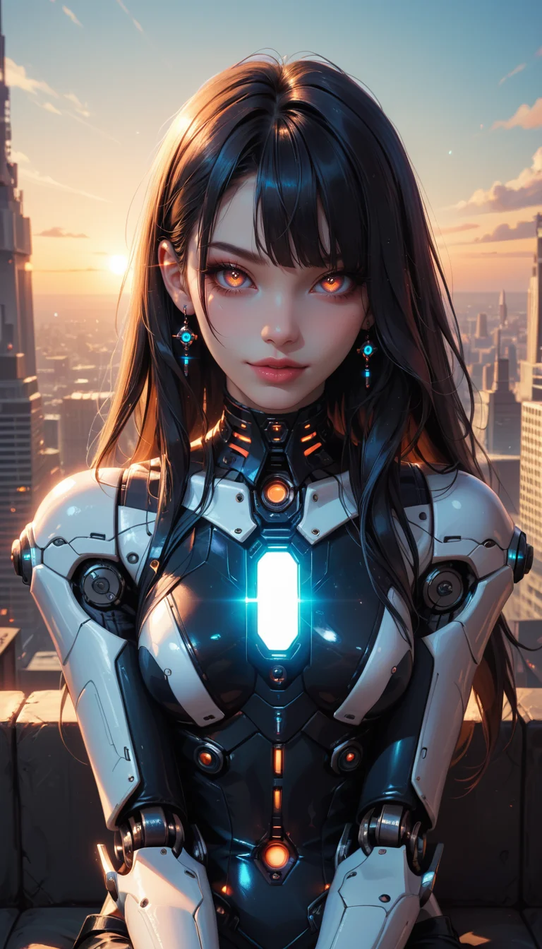 score_9, score_8_up, score_7_up, Portrait, android girl, glossy black, cute, seductive, innocent, light smile:0.3, plump lips, slender body, mechanical arms, dark mood, dystopia, glowing, looking at viewer, sitting, long hair, bokeh moonlight passing through hair, sunrise, distopian futuristic city background, 4n1v3rs3, depth of field, dynamic angle, fashion photography, sharp, hyperdetailed:1.15