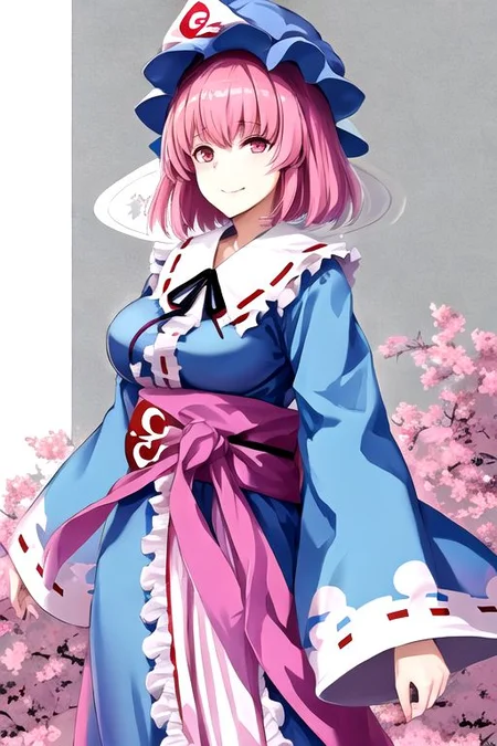 Yuyuko, pink hair, saigyouji yuyuko, breasts, short hair, triangular headpiece, hat, solo, mob cap, looking at viewer, japanese clothes, large breasts, pink eyes, kimono, smile, blue headwear, blue kimono, long sleeves, bangs, frills, wide sleeves, hair between eyes