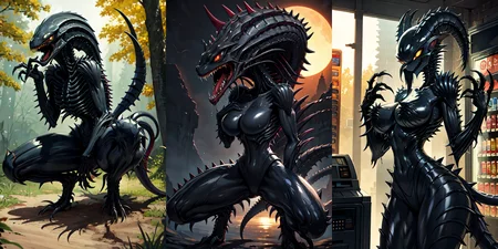 (otherworldly), highly insanely detailed, masterpiece, top quality, best quality, highres, 4k, 8k, RAW photo, (very aesthetic, beautiful and aesthetic),
__lazy-wildcards/cosplay-char/alien-predator/xenomorph/prompts__,
<lora:FemXeno:0.3>,
(1girl:1.3), eyes focus,
__lazy-wildcards/dataset/background__,âââ