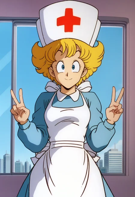 score_9, score_8_up, score_7_up, score_6_up, anime screencap, anime coloring, <lora:DBExtraGirlNur_epoch_7:0.9>, DBExtraGirlNur, 1girl, solo, blonde hair, short hair, blue eyes, 
nurse, nurse cap, blue dress, long sleeves, white apron,
smile, looking at viewer, v sign, cowboy shot, 
BREAK window, blue sky, sunbeam, cityscape,