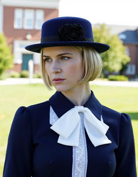 a caucasian woman with light skin and a serious expression, she has short, light blonde hair styled in a neat bob and is wearing a dark blue, wide-brimmed hat adorned with a black flower on the front, her outfit consists of a high-collared, dark blue dress with a white lace collar and a large white bow at the neckline, giving it a classic, historical style, the background is blurred, but it appears to be a blurred, outdoor setting with a building in the distance, possibly a school or a similar historical building, the lighting is soft and natural, suggesting a sunny day, the overall mood of somber and contemplative, possibly in a state of deep thought or contemplation, the woman's gaze is directed slightly to the side, giving a sense of introspection or introspection, the image is likely taken during the day, as indicated by the blurred background and the muted colors of the setting
