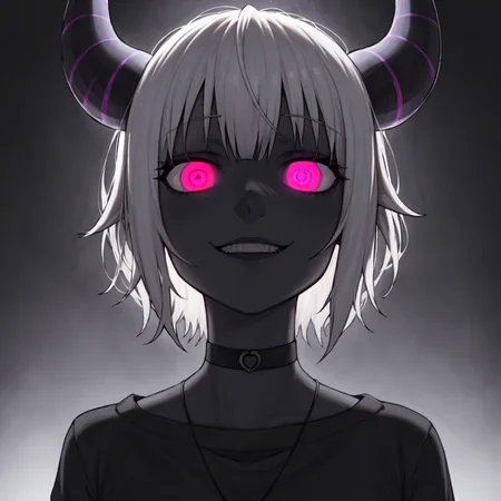 best quality, masterpiece, detailed background, highly detailed, intricate, detailed face, long eyelashes, detailed eyes, (portrait:1.4), (black creepy background), (skinny:1.3), (thick thighs:1.0), (large breasts:1.0), (crazy eyes, crazy smile:1.3), (pitch black skin:1.4),
(one girl:1.1), (1girl:1.1), (solo:1.3), (white eyes:1.4), (glowing eyes, glowing pupils:1.3), (white hair:1.3), (short hair:1.2), (messy hair:1.1), (thick lips:1.1), (choker:1.1), (demon horns, black horns, multiple horns:1.3),
(casual outfit:1.3),
(smug:1.2), <lora:ChelodoyStyle-V1R1-Fixed-8:1>