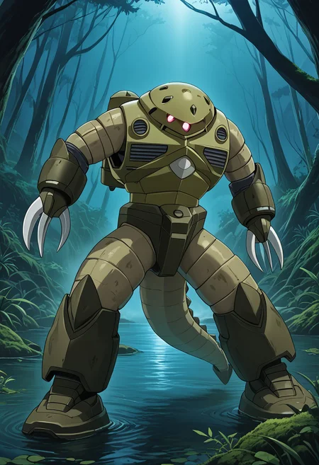 score_9, score_8_up, score_7_up, source_anime, cowboy shot, side view, BREAK, ( zgok, green_zgok_armor, pink monoeye, full body, looking at viewer, combat pose, ballast tanks on back, green zgok, weathering, green scales, crocodile texture, legs apart, 3 fingers, ) 1mech, mech focus, solo, BREAK, swamp, bayou, fog