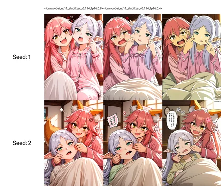 <lora:noobai_ep11_stabilizer_v0.114_fp16:0.8>2girls,tamamo \(fate\),pink hair,yellow eyes,frieren,white hair,green eyes,open mouth,pink pajamas,cheek pull,anger vein,indoors,sunlight,masterpiece,