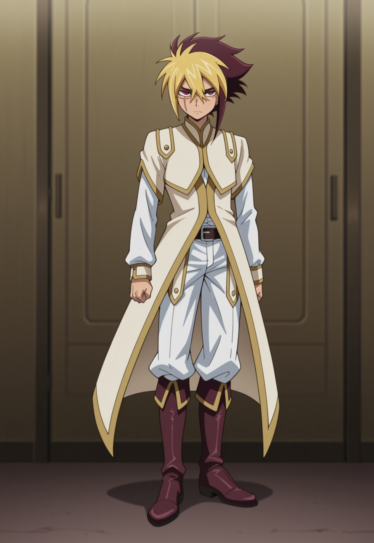 masterpiece,best quality,amazing quality, source_anime, 

Thomrclight, 1boy, male focus, solo, red eyes, scar across eye, multicolored hair, brown hair, blonde hair, shirt, white shirt, coat, brown coat, short over long sleeves, belt, pants, white pants, boots, brown footwear,