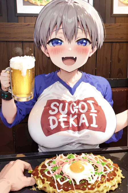 povhldg mug of beer,pov hands,1girl,petite,looking at viewer,uzaki hana,blue_eyes, short_hair, grey_hair, large breasts, sugoi_dekai, blue_shirt, white_shirt, blue_sleeves, raglan_sleeves, skin_fang,happy,open mouth,cheers,drunk,blush,holding beer mug,
okonomiyaki, Teppan, food, indoors, restaurant, kote, wooden table<lora:concept_povholding_res:0.8><lora:better skin typeB-v1:0.8> <lora:XDetail_light:1> <lora:Hana_Uzaki_XL:0.7> ,masterpiece,best quality,ultra detailed <lora:okonomiyaki_SDXL_V1:0.7>