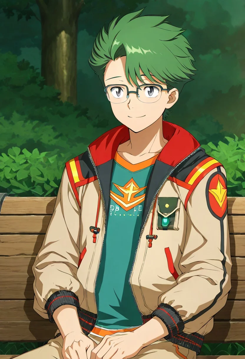 gb4_tao, green hair, short hair, grey eyes, 1boy, solo, male focus, glasses, jacket, anime style, anime draw style, detailed eyes, perfect hands, high quality, best quality, masterpiece, outdoor setting, sit on wooden bench