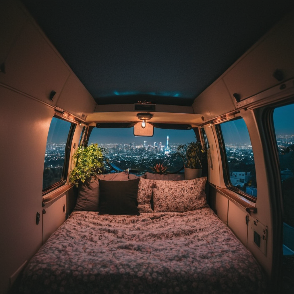 Radiant Darkness, inside a cozy campervan, comfy bed and warm blanket, plants, flowers, decoration, view from the back on hollywood hills, overlooking city lights <lora:Radiant_Darkness:1>