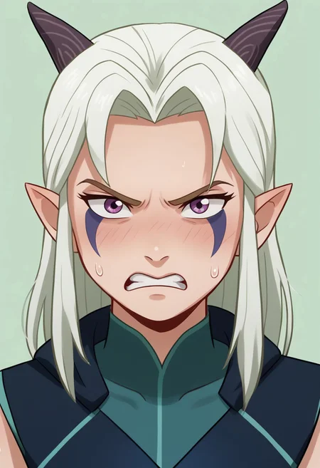 mangamaster, masterpiece, best quality,
solo, 1girl, Rayla, White Hair, Elf Ears, RayHorns, RayFacepaint, Colored Skin, RayBody Suit, Angry, fists clenched, hunched over, grit teeth, sweating, Looking at viewer, close up
(((simple background, light green background)))