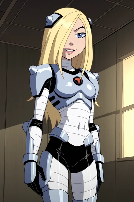 PonyXLV6_Scores BREAK (style parody, parody, perfect anatomy, perfect eyes), <lora:add_details_xl:0.8> BREAK <lora:Terra_-_Teen_Titans:0.8> tara markov, long hair, blonde hair, blue eyes, sultry eyes, naughty face, ((looking at viewer)), hair over one eye, armor, bodysuit, curvy, toned, athletic, sexually suggestive pose, model pose, underground, indoors